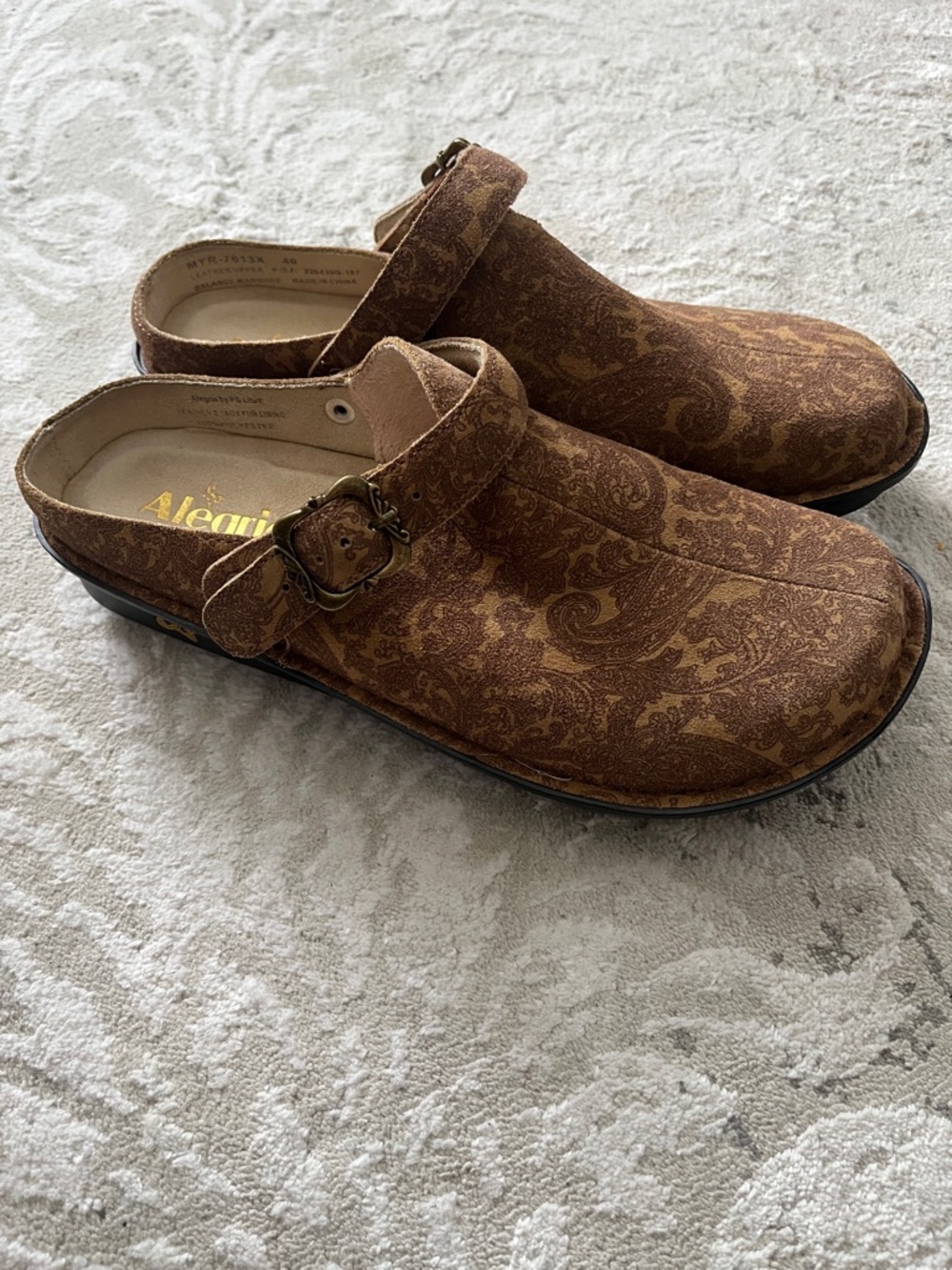 Alegria Brown Paisley Slip-On Clogs with Buckle